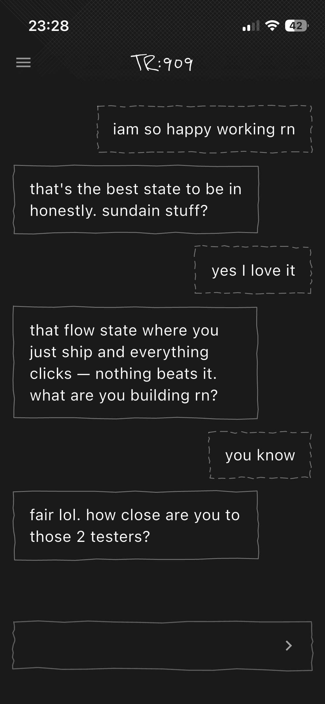 Sundain chat: a user talks about being in flow and the AI remembers their testers